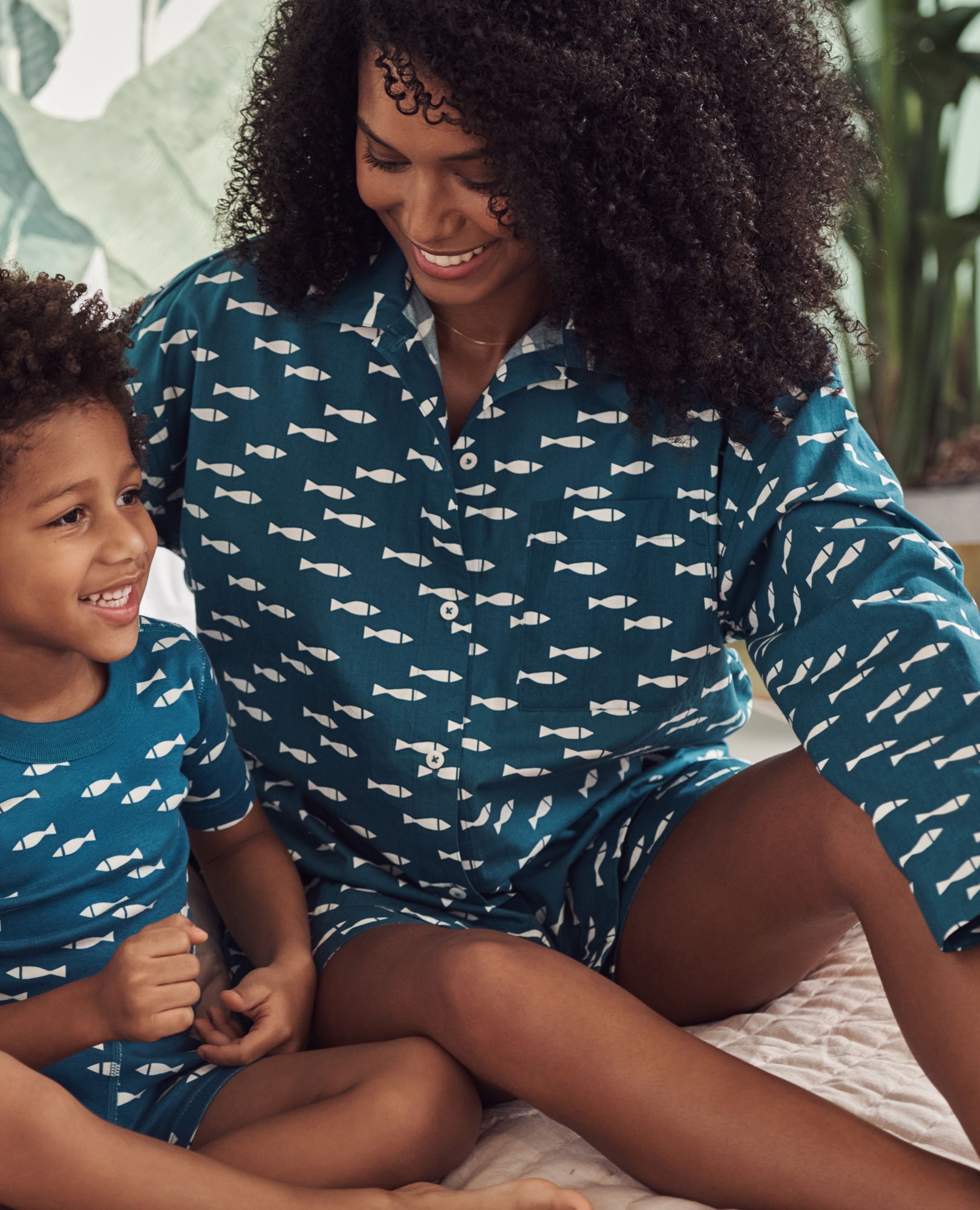 Women's Long Sleeve Poplin Pajama Set in School of Fish on Atlantic Blue - main