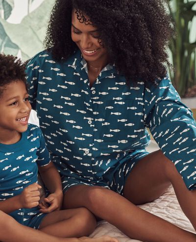 Women's Long Sleeve Poplin Pajama Set in School of Fish on Atlantic Blue - main