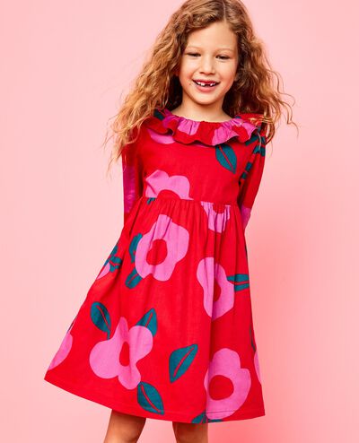 Long Sleeve Twill Collared Dress with Pockets in Purple Orchid Holiday Floral on Ribbon Red - main