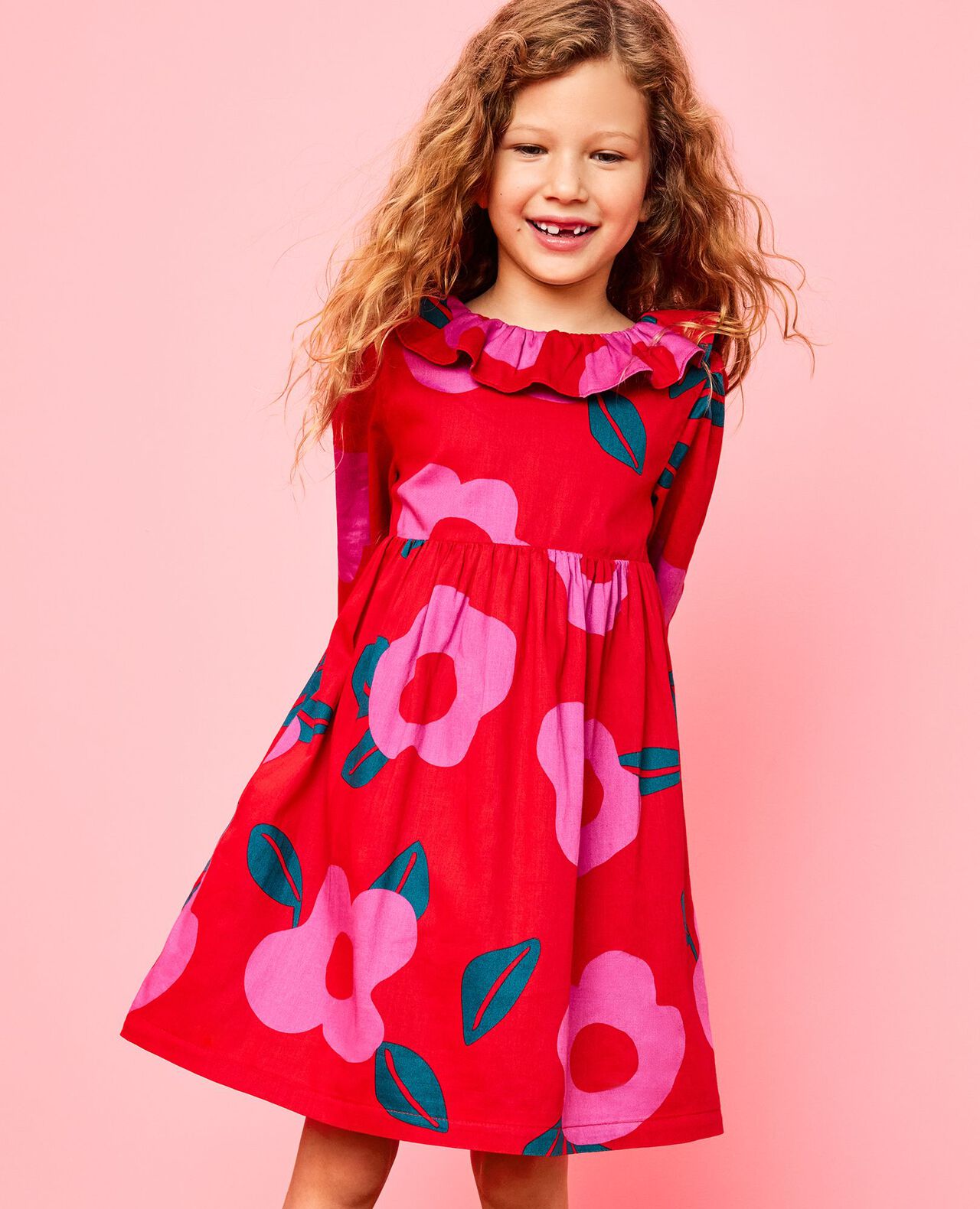 Long Sleeve Twill Collared Dress with Pockets in Purple Orchid Holiday Floral on Ribbon Red - main