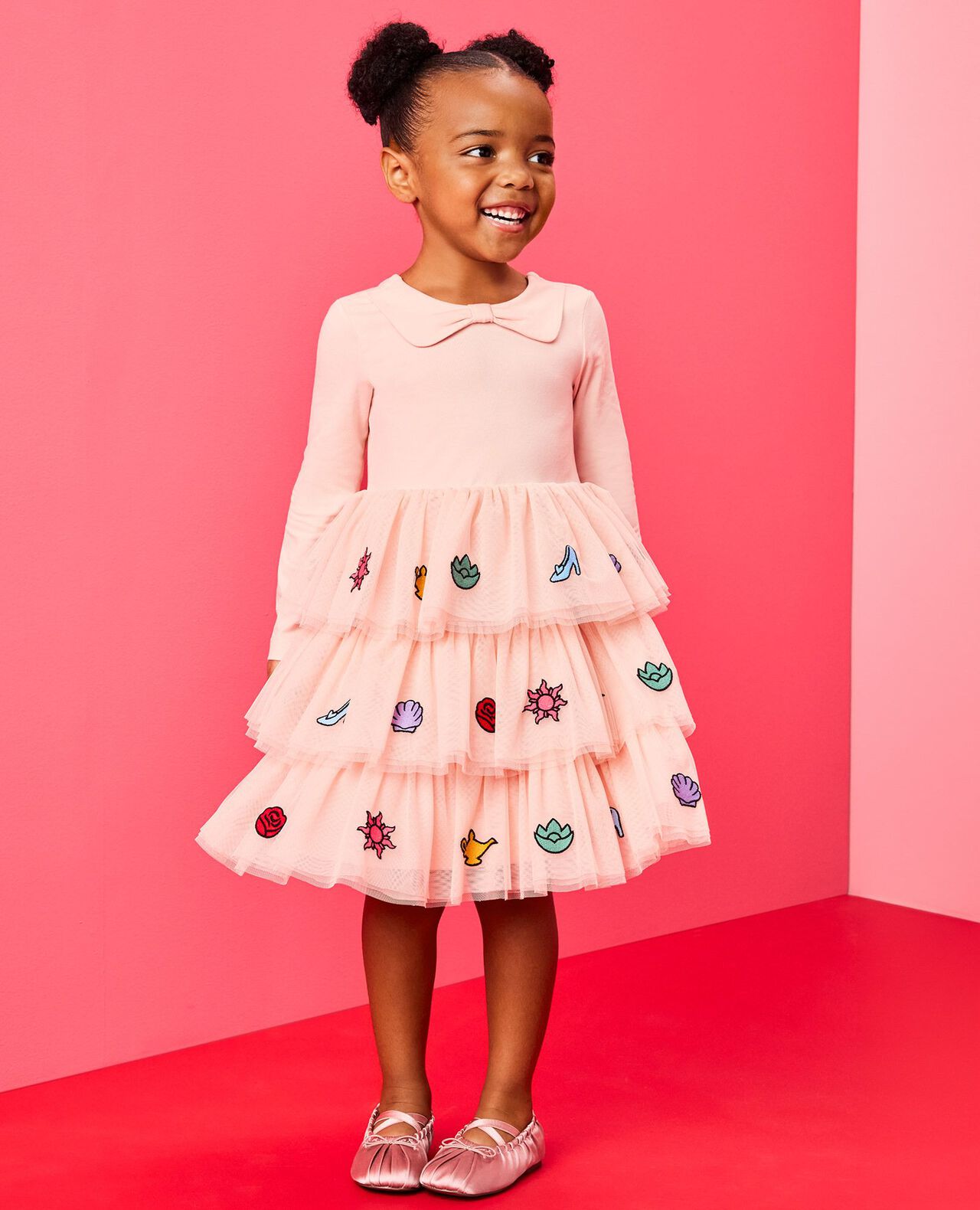Disney Princess Long Sleeve Tulle Dress in Multi Princess on Pink - main