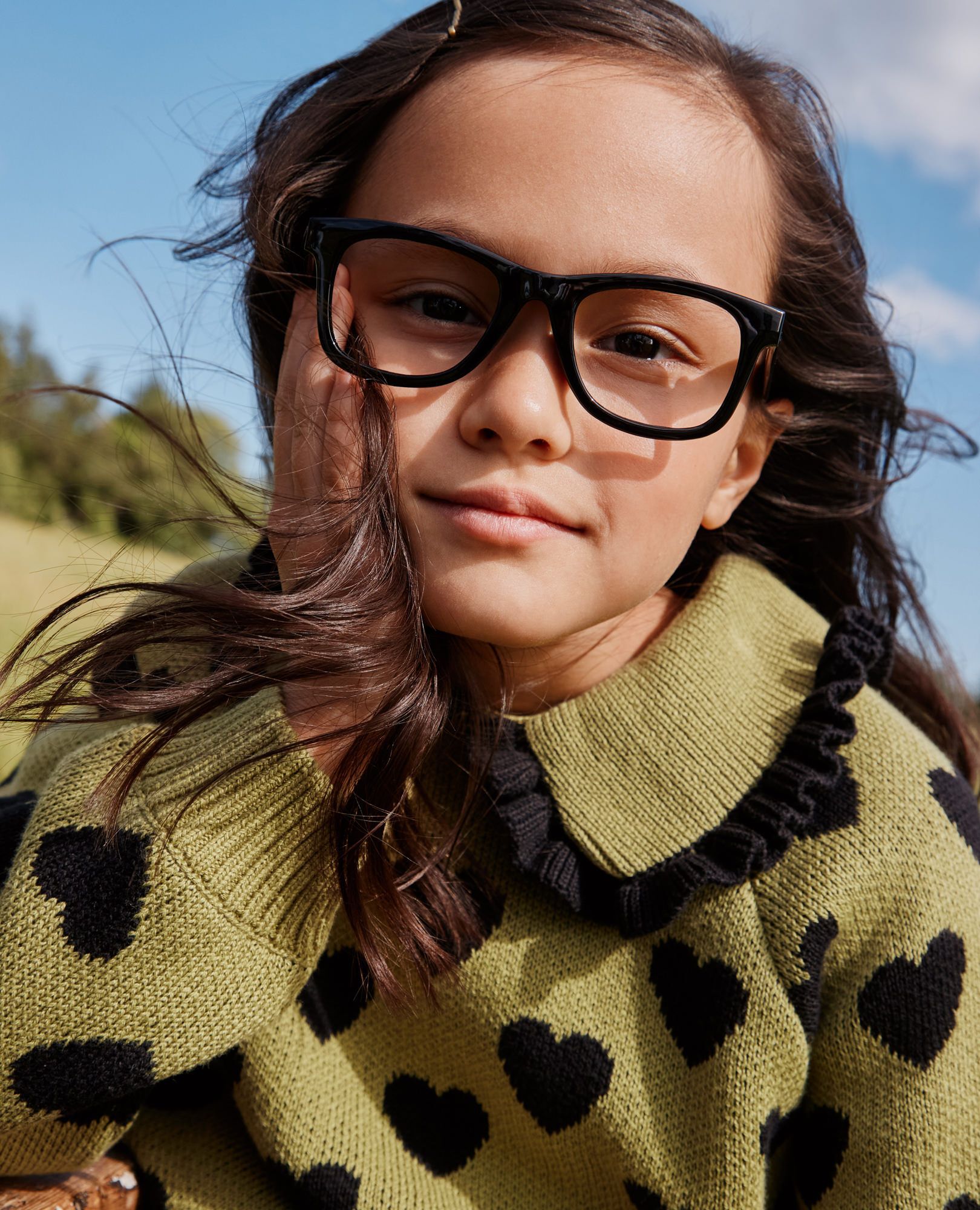Collared Sweater in Black Hearts on Green - main
