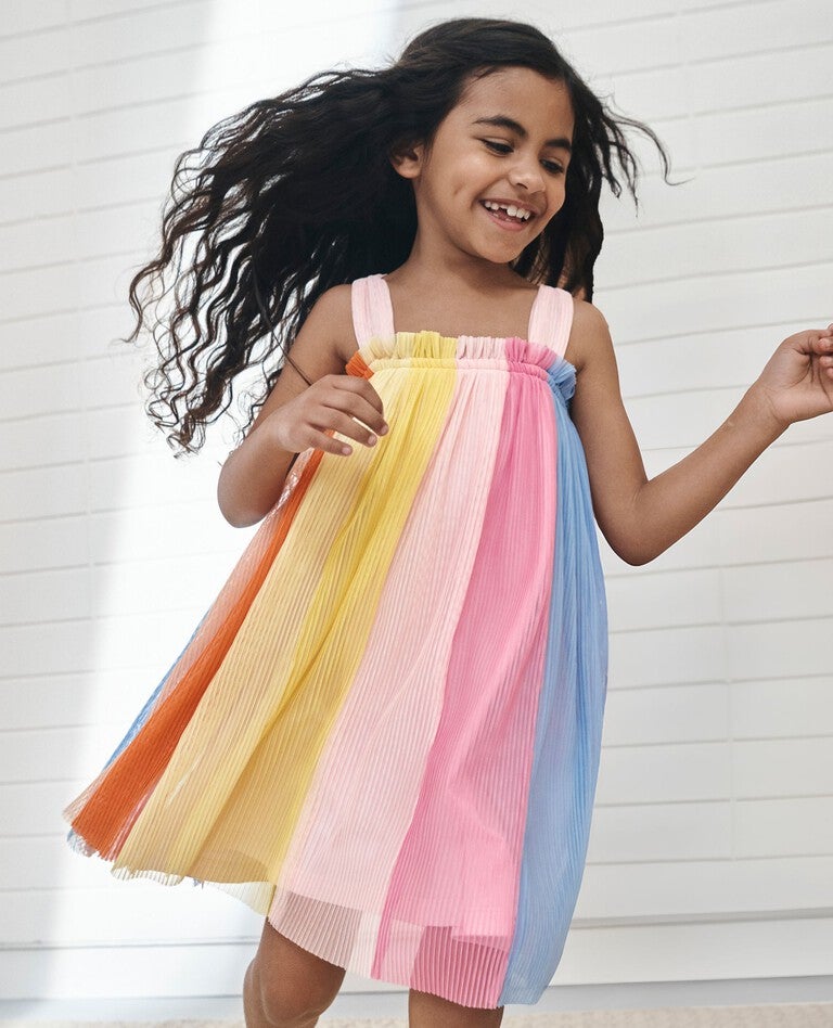Sleeveless Tulle Rainbow Paneled Dress in Rainbow Multi - main