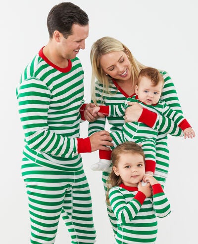 Adult Striped Long John Pajama Top in Tree Green/White/Hanna Red - main