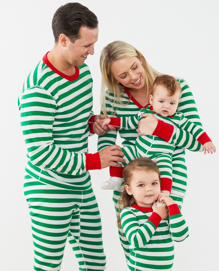 Adult Unisex Striped Long John Pajama Top in Tree Green/White/Hanna Red - main