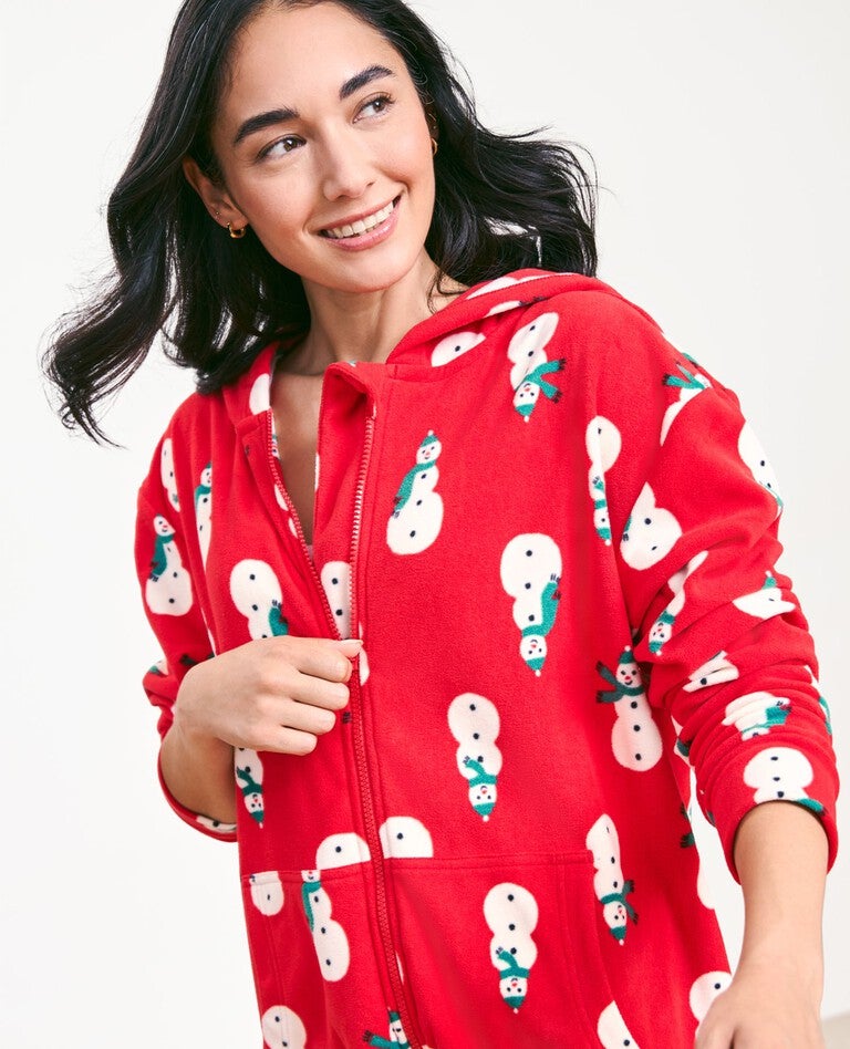 Adult Holiday Fleece Hooded Jumpsuit in Snowmen on Red - main