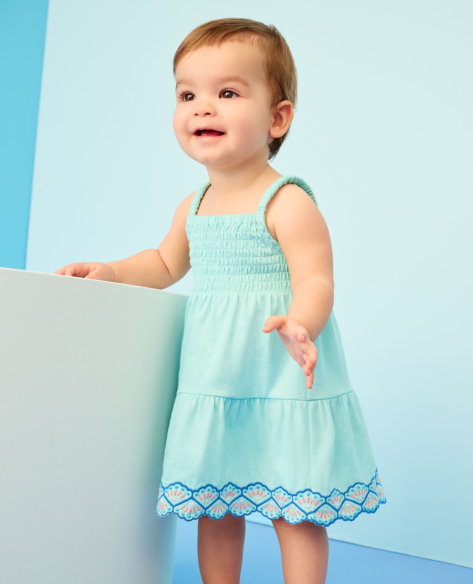 Baby Sleeveless Smocked Tiered Dress in Seashells on Feather Blue - main