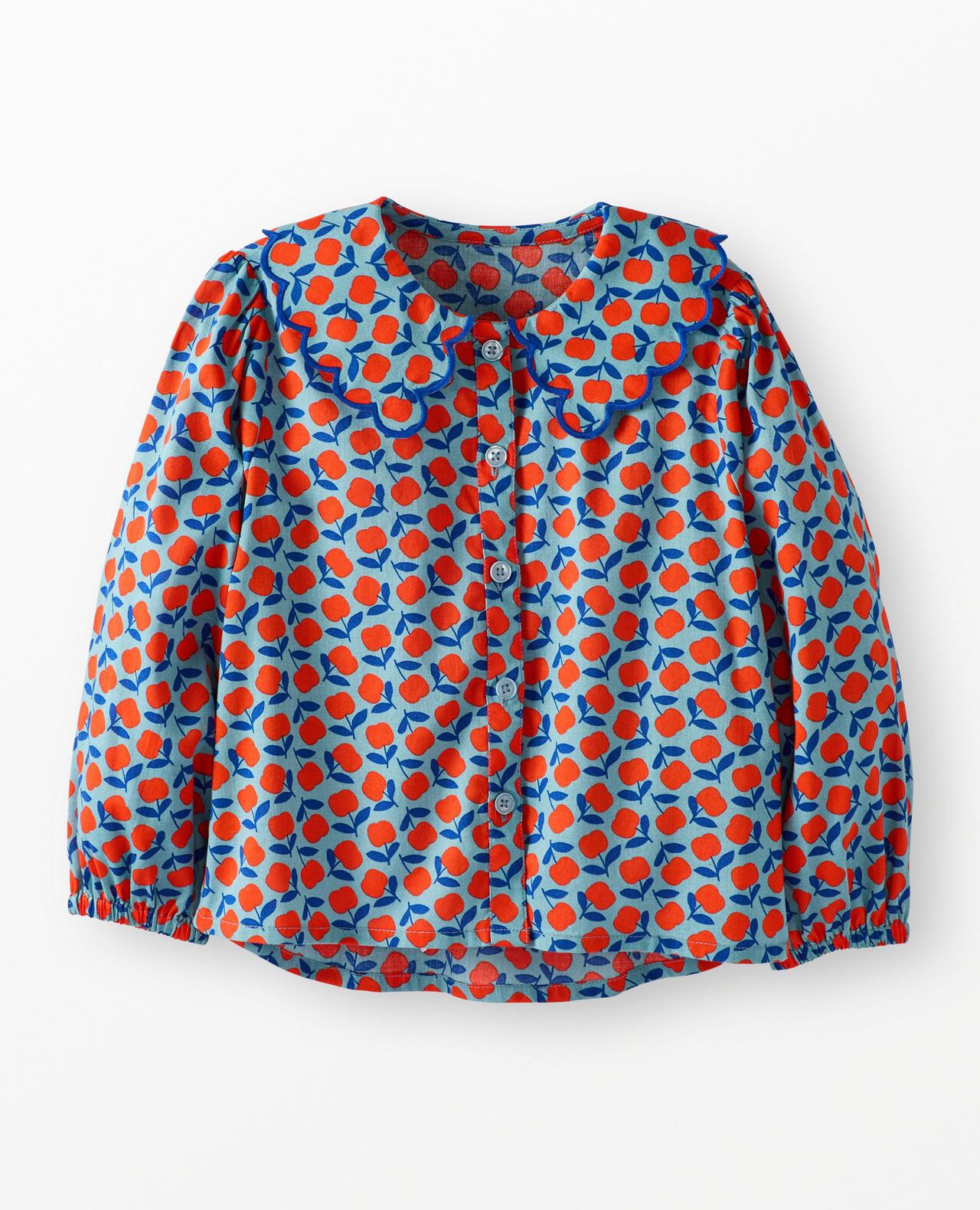 Long-Sleeve Collared Twill Top in Red Apples on Cameo Blue - main