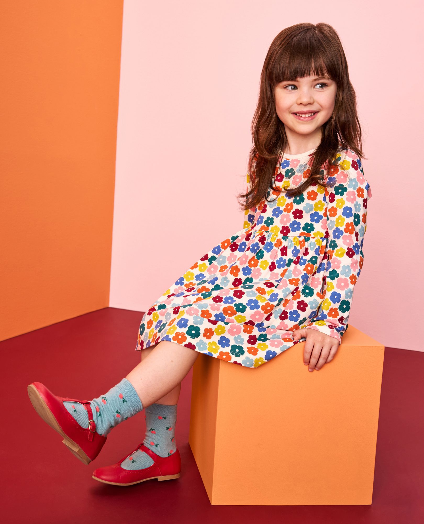 Long Sleeve Playground Dress with Pockets in Tiny Multi Floral on Ecru - main