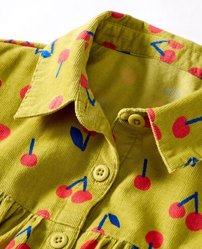 Corduroy Button-Front Dress with Pockets in Cherries on Lime Beam - main