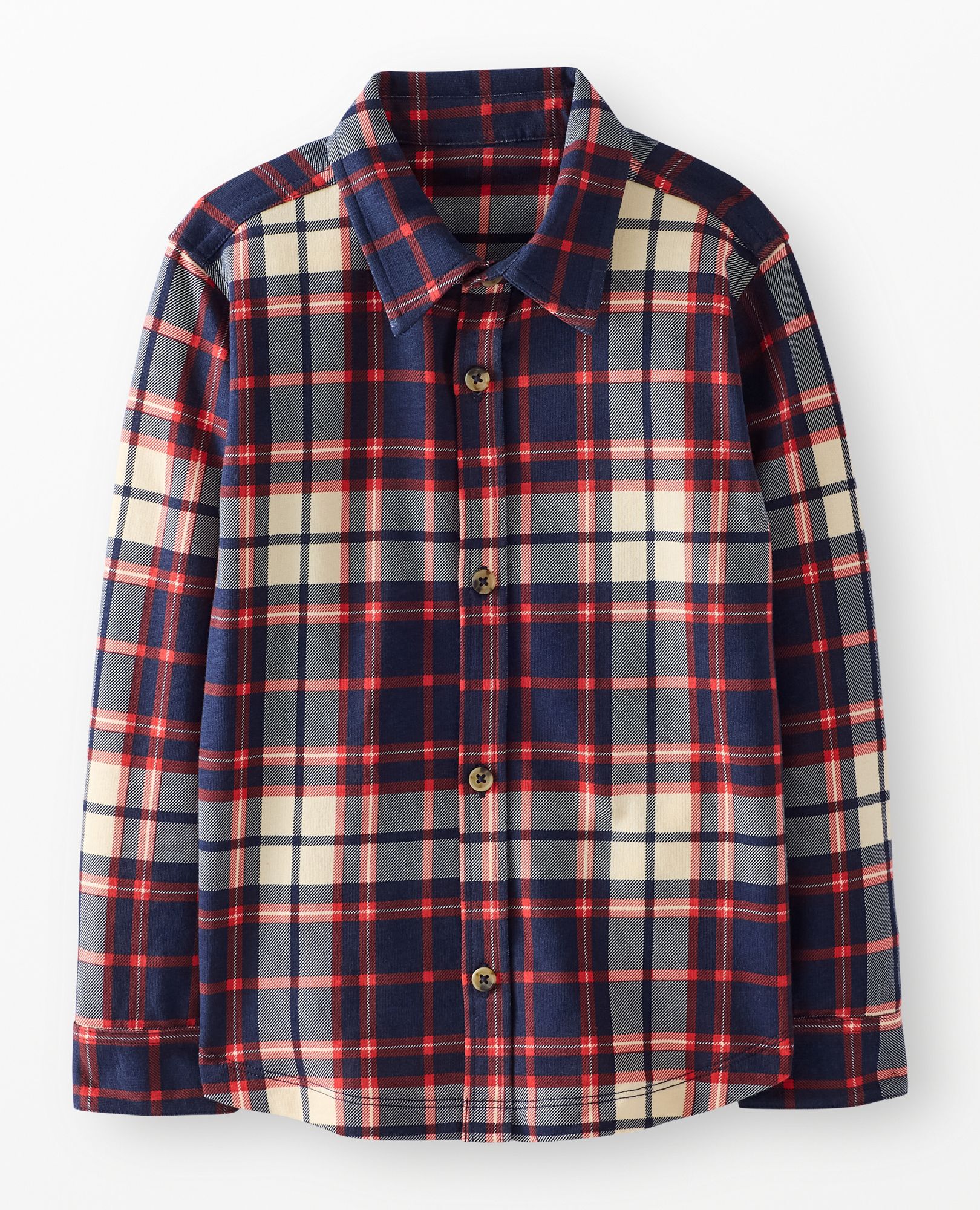 French Terry Button Up Shirt in Red and Navy Plaid - main