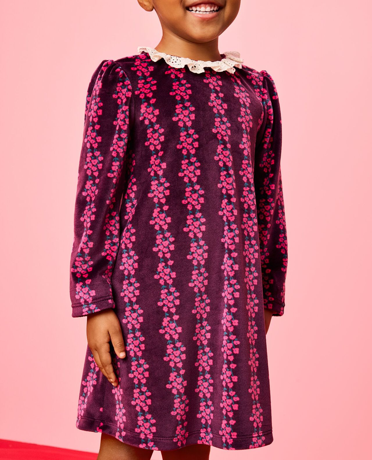 Long Sleeve Collared Velour Swing Dress in Flower Rows on Currant Purple - main