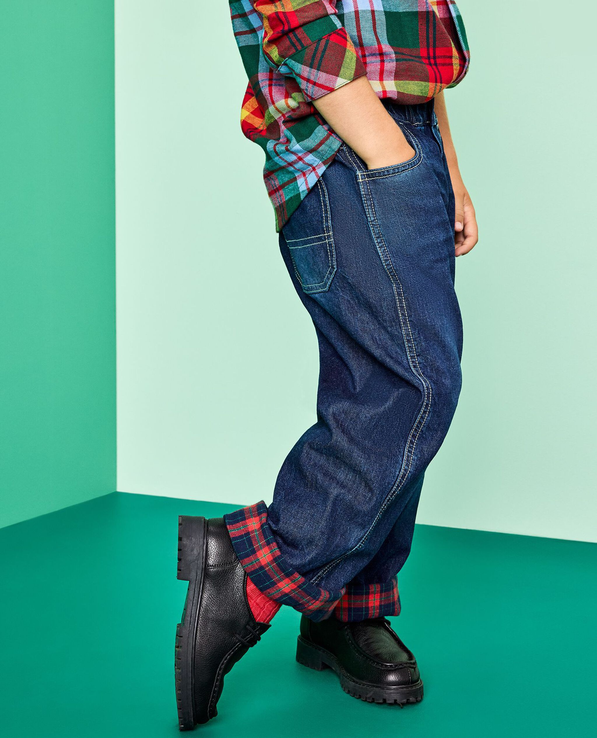 Denim Pull-On Lined Pants in Med-Dark Wash - main