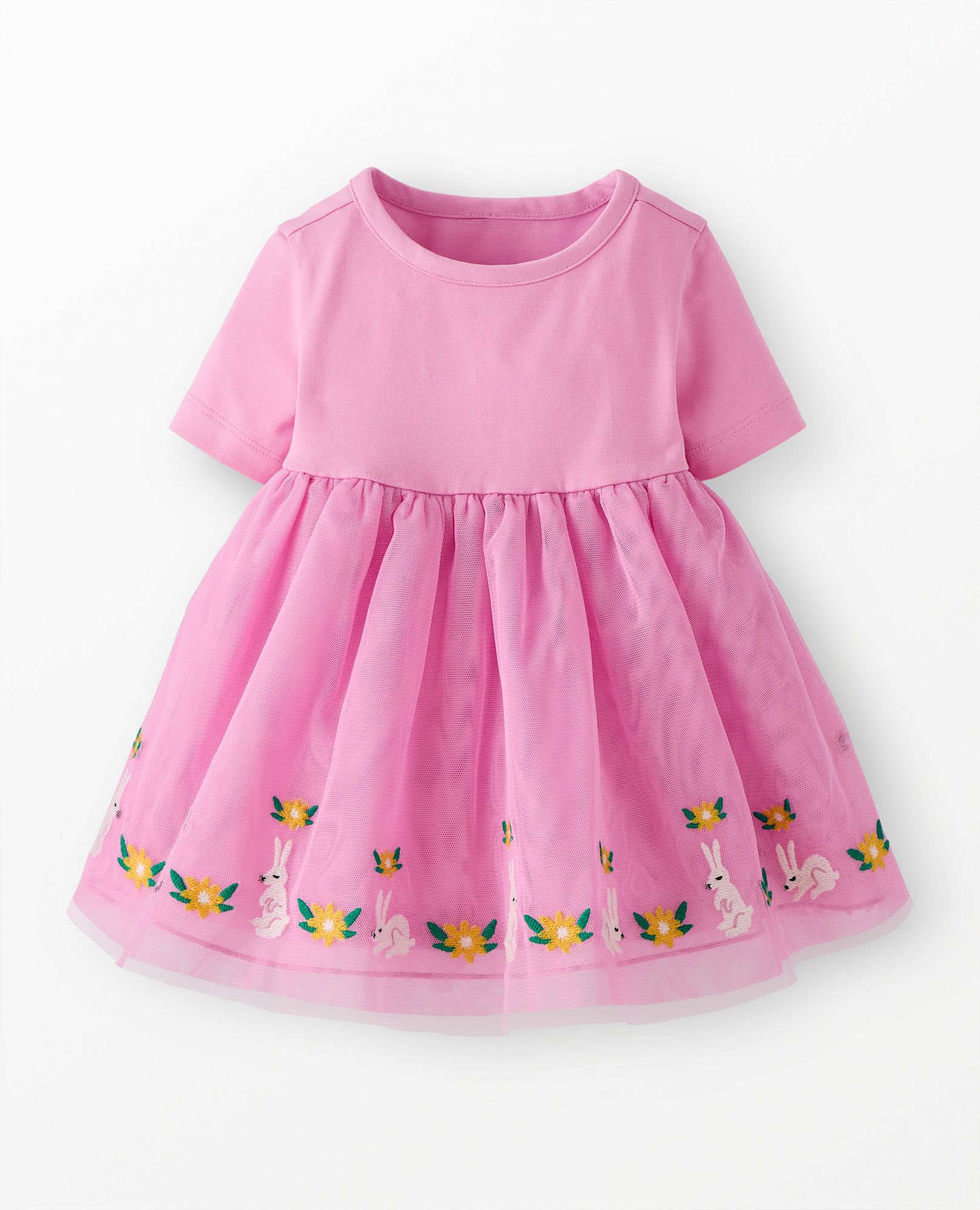 Baby Embroidered Tulle Skater Dress in Springtime Bunnies on Pink - main