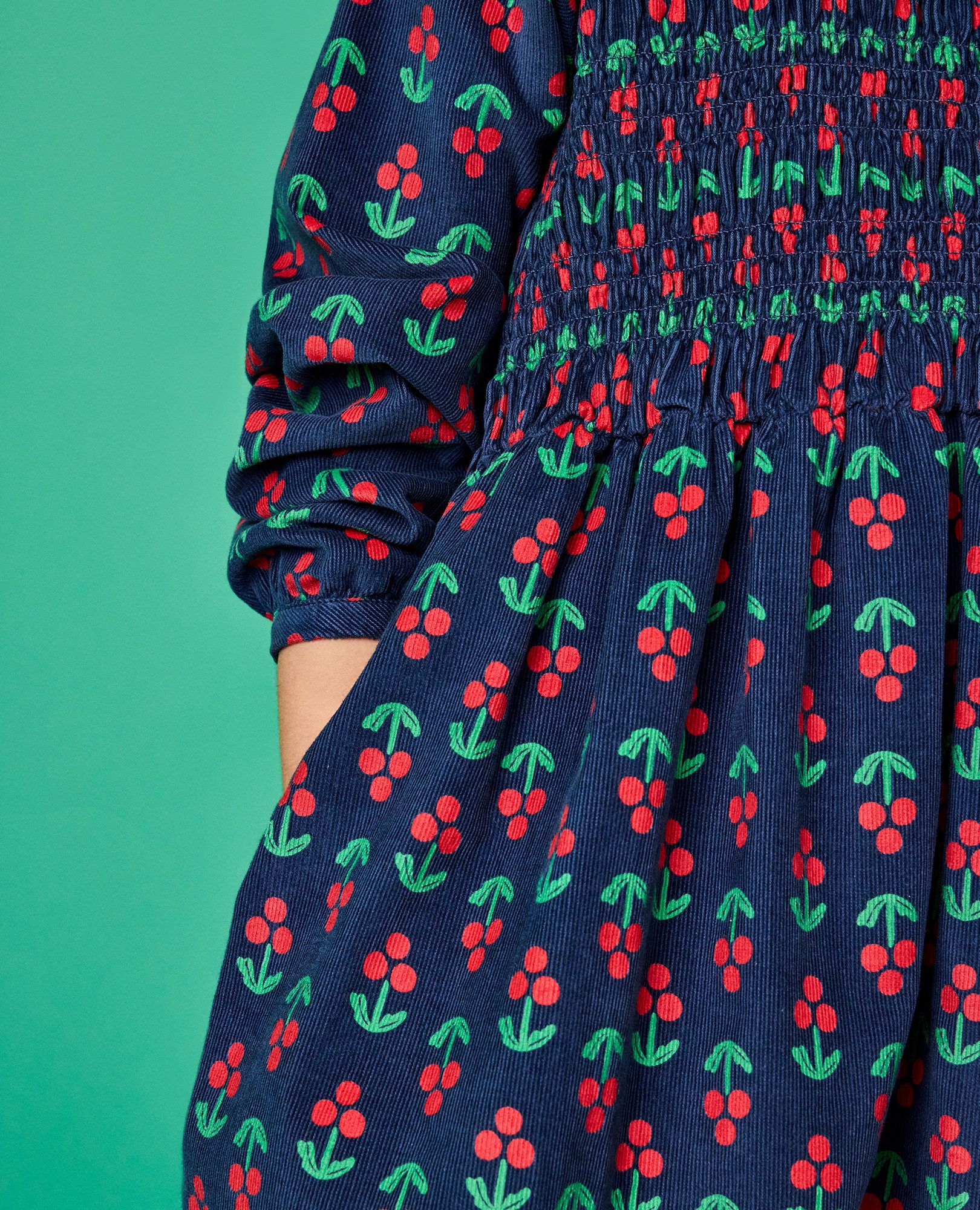 Embroidered Corduroy Dress with Pockets in Holly Berries on Midnight Blue - main
