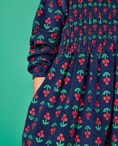 Embroidered Corduroy Dress with Pockets in Holly Berries on Midnight Blue - main