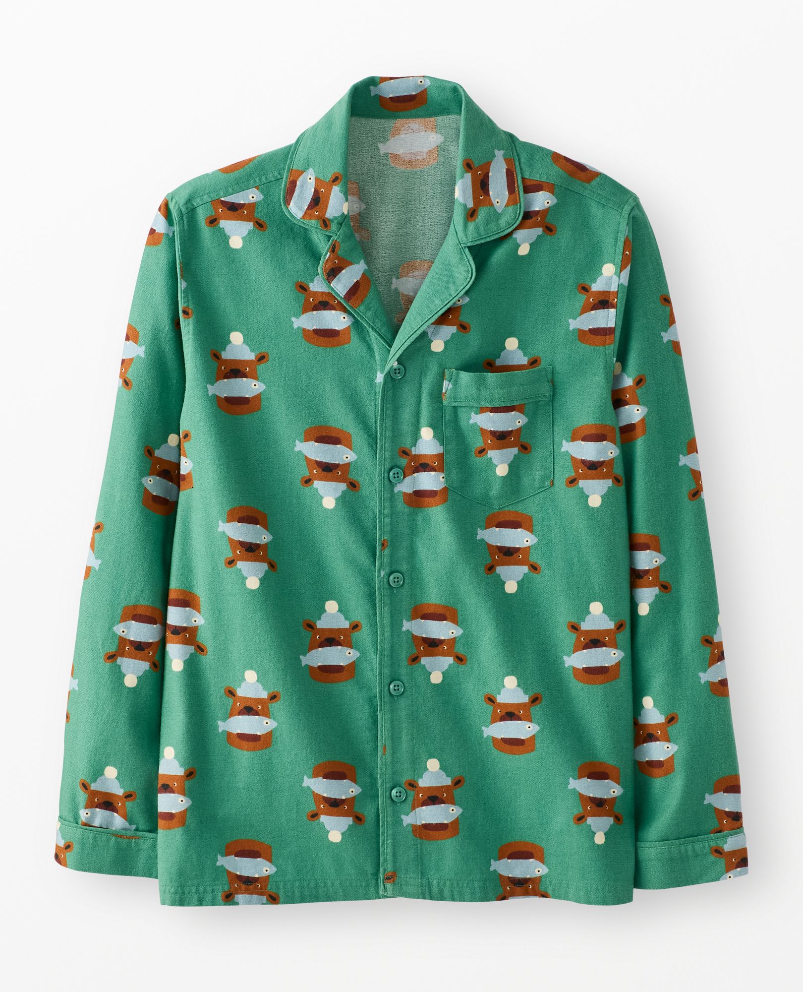 Adult Holiday Flannel Pajama Top in Fresh Catch on Bottle Green - main