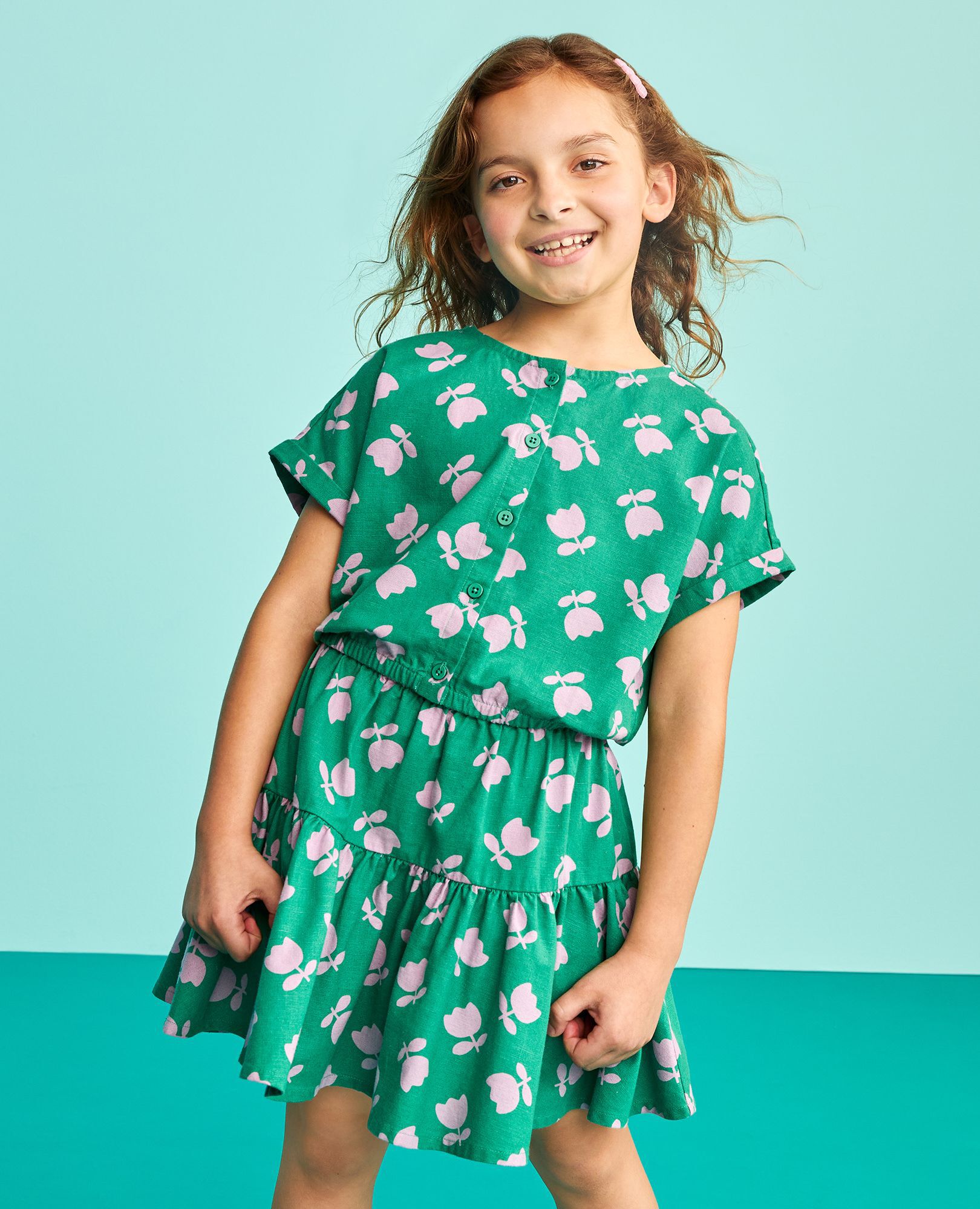 Dolman Sleeve Linen Top & Tiered Skirt Set in Tossed Tulips on Green - main