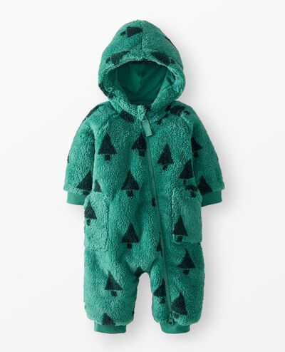 Baby Holiday Marshmallow Fleece Romper in Happy Green Trees on Green - main