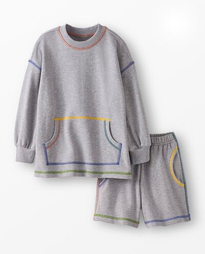 French Terry Sweatshirt & Shorts Set in Heather Grey with Rainbow Stitching - main