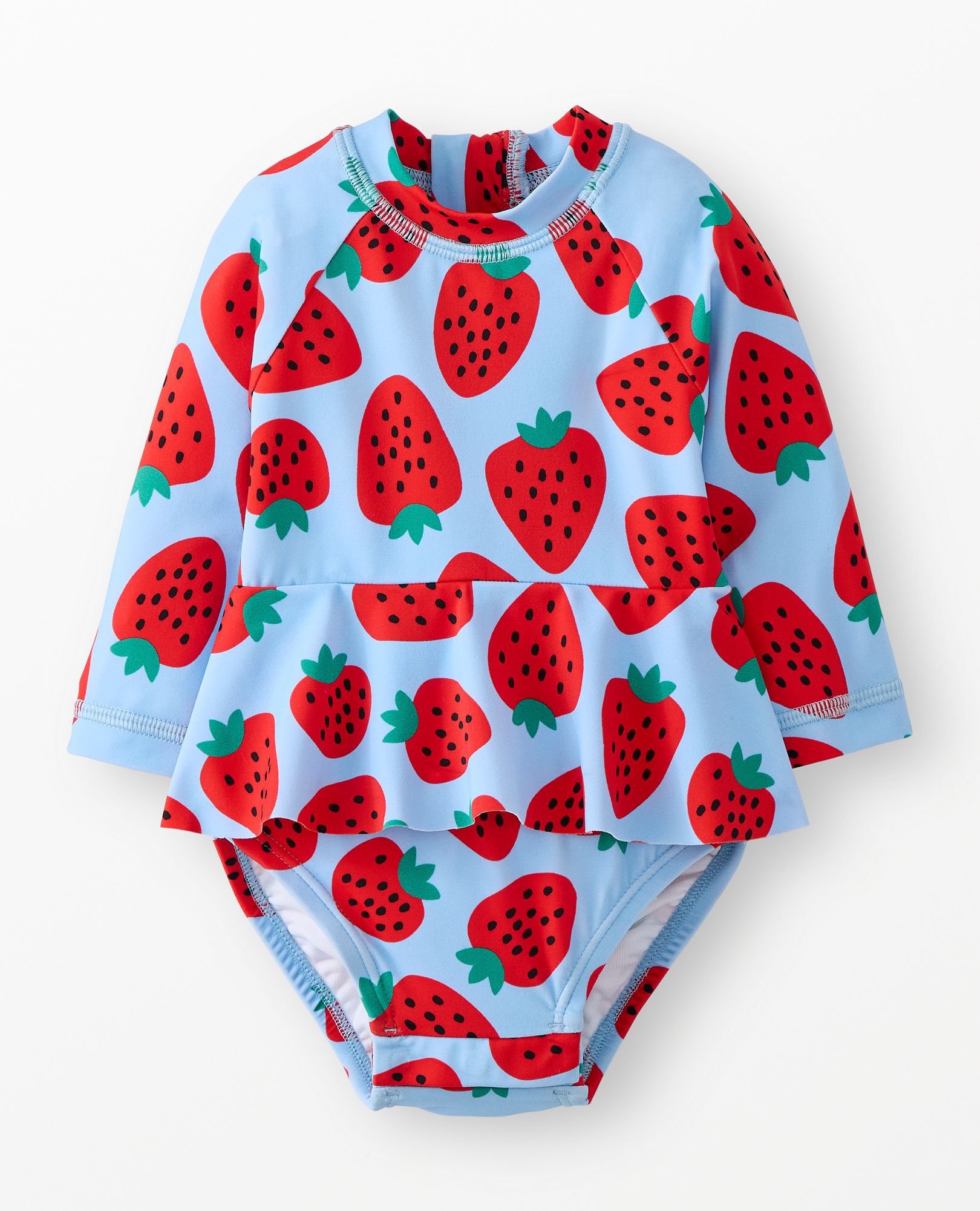 Baby One-Piece Skirted Rashguard Swimsuit in Strawberry Sweetness on Blue - main