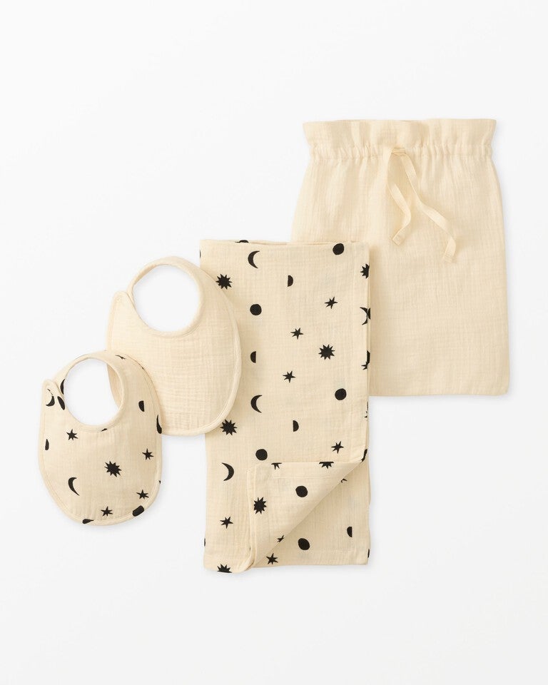 Baby Layette Muslin Bib & Swaddle Blanket Set in Black Stars and Moon - main