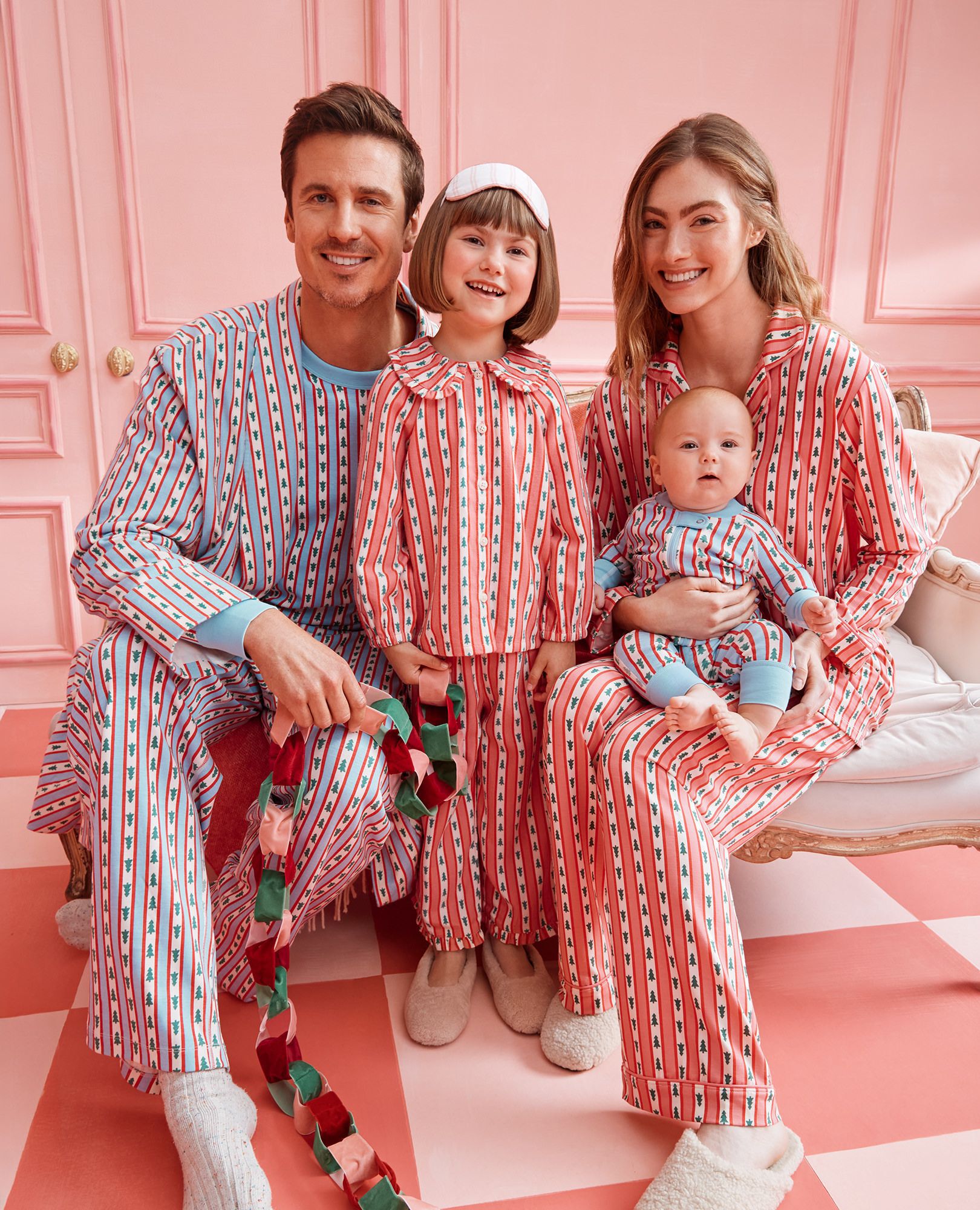 Holiday Flannel Ruffle Pajama Set in Tree Ribbons on Pink - main
