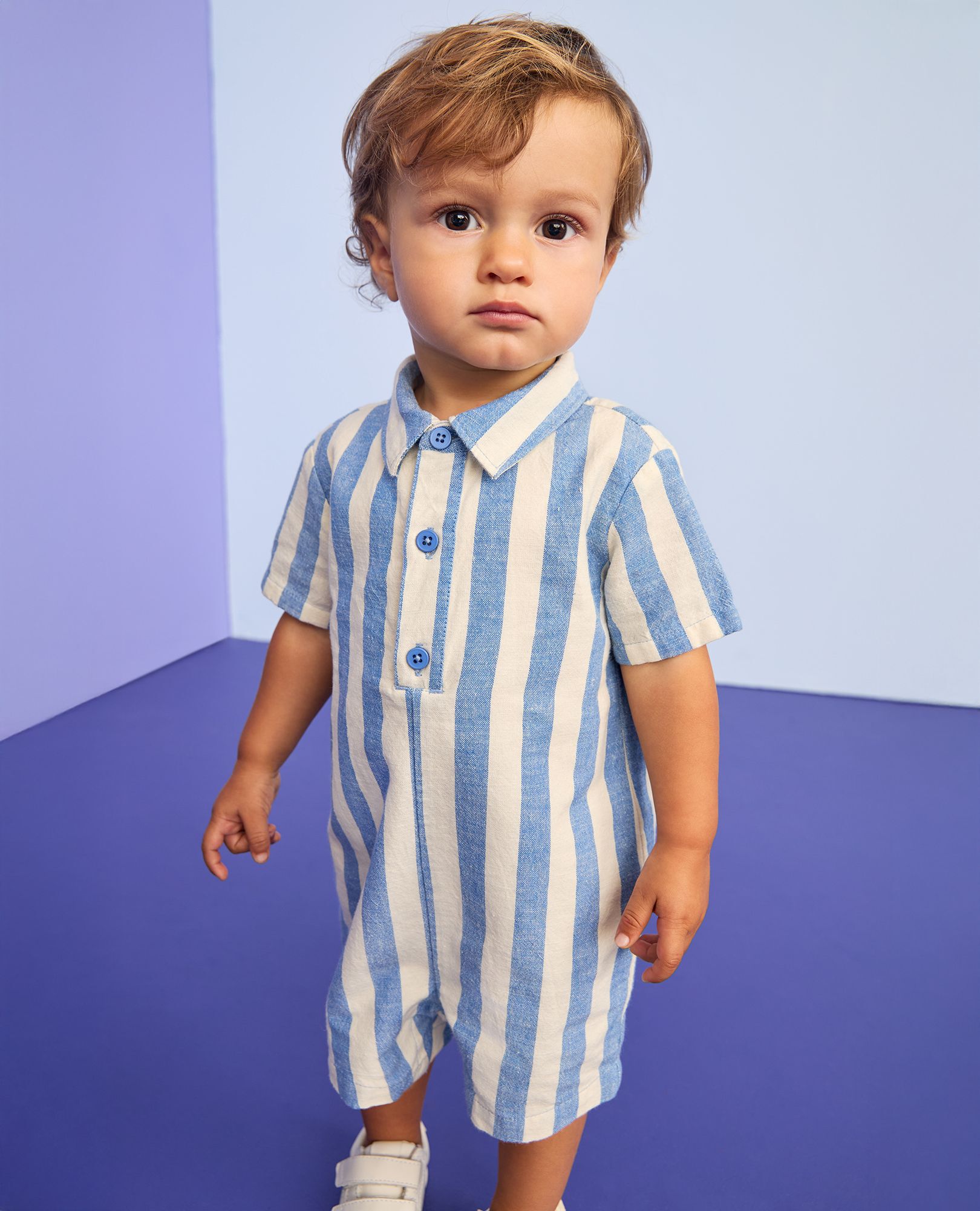 Baby Linen Romper in Horizon Blue/Ecru - main