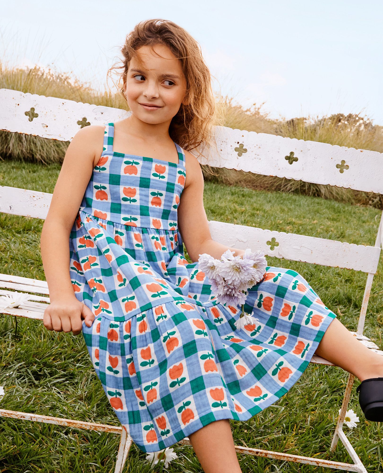 Sleeveless Tiered Muslin Dress in Blue Checkered Tulip - main