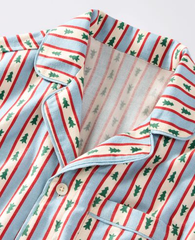 Adult Holiday Flannel Pajama Top in Tree Ribbons on Blue - main