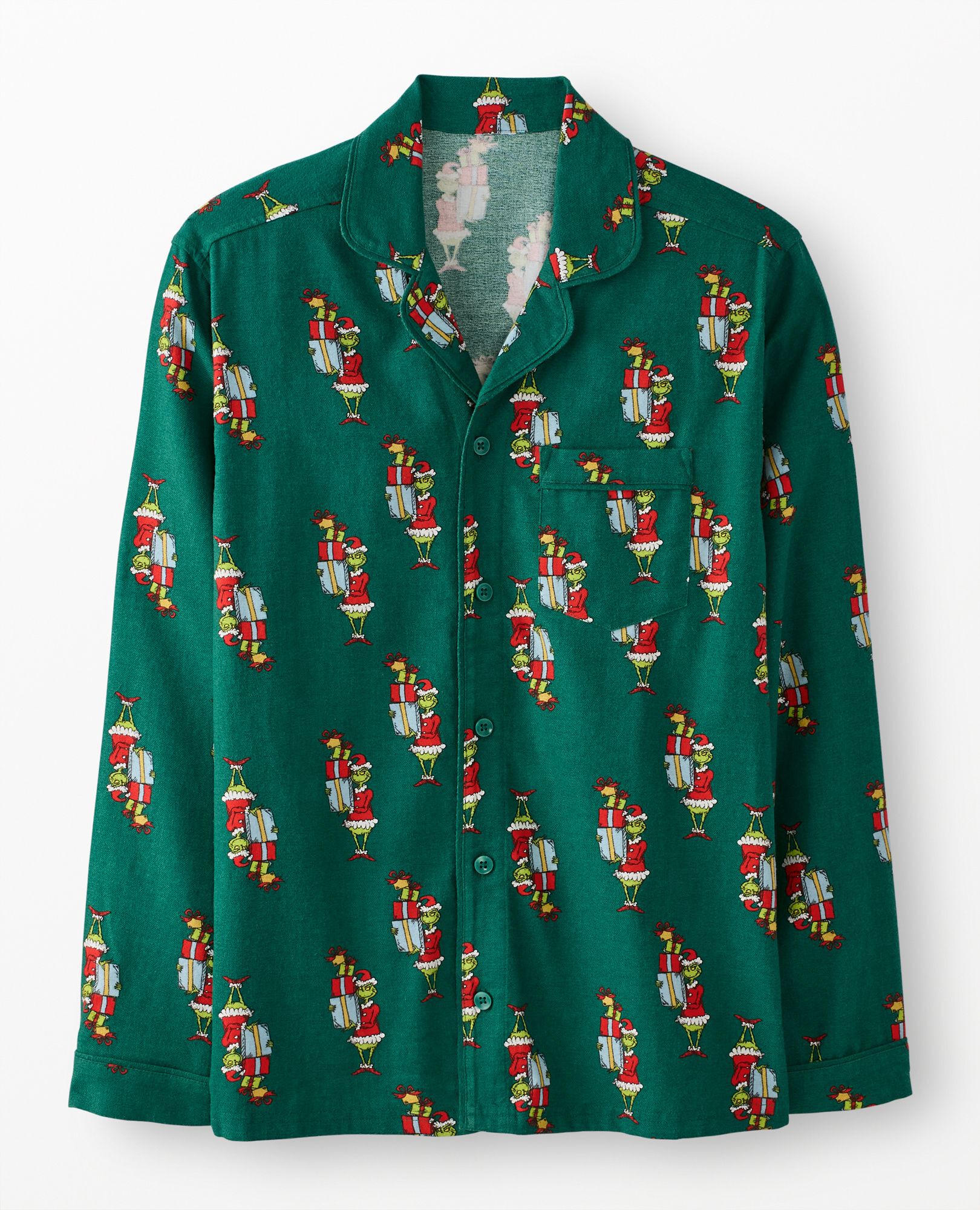 Adult Dr. Seuss Grinch Flannel Pajama Top in Grinch Presents on Green - main