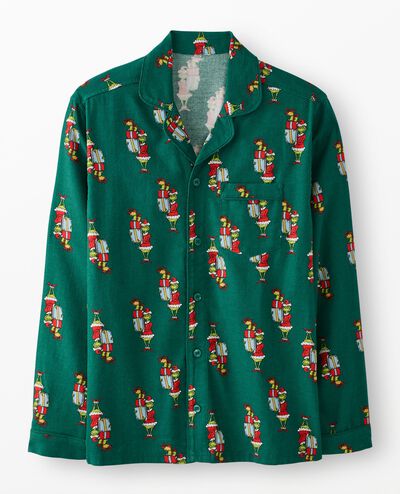 Adult Dr. Seuss Grinch Flannel Pajama Top in Grinch Presents on Green - main