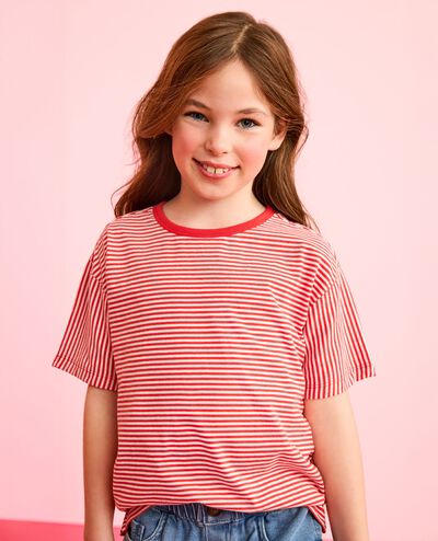 Relaxed Fit Mix-Striped T-Shirt in Tangy Red/Ecru - main