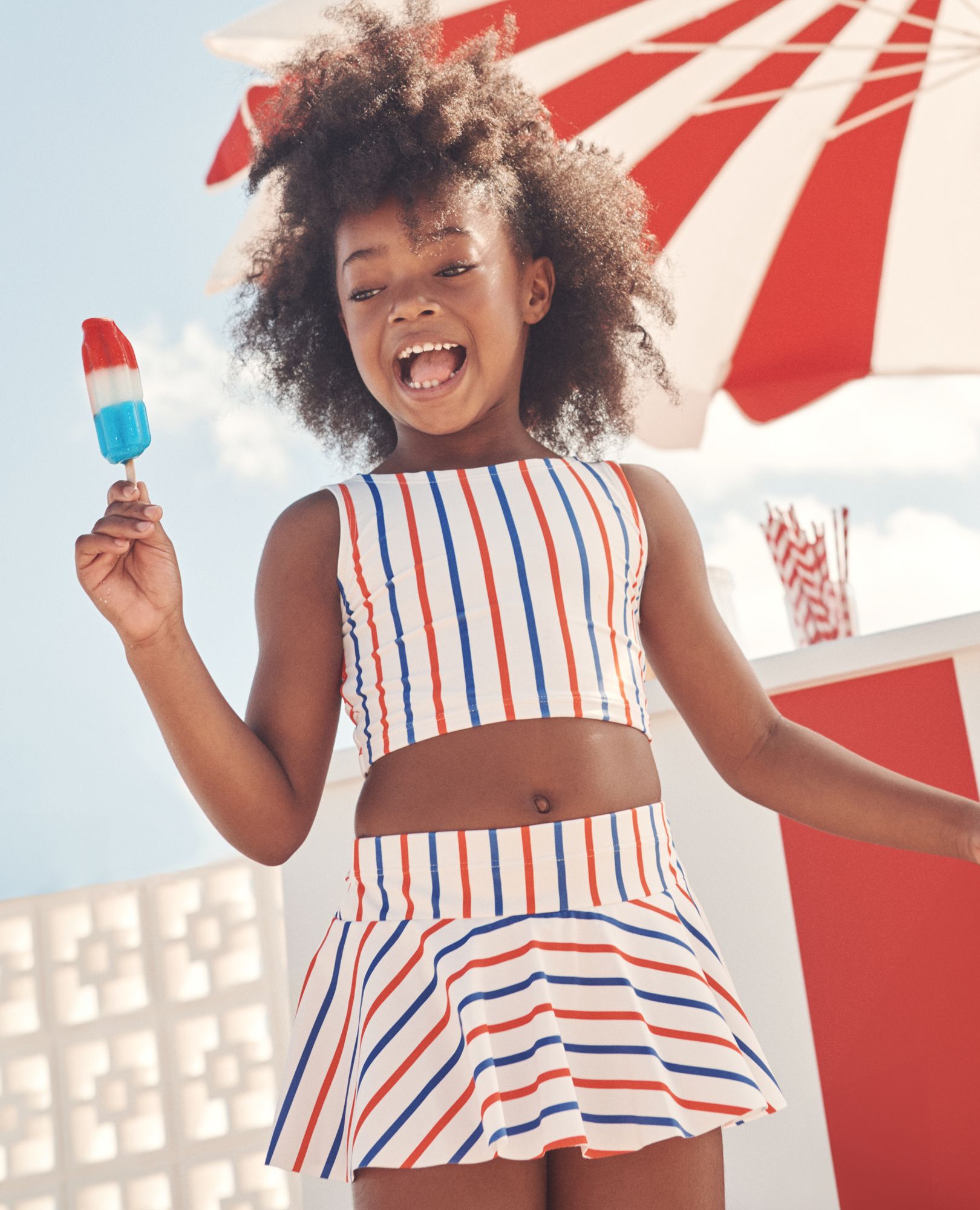 Two-Piece Bow Back Skirted Swimsuit in RWB Stripe - main