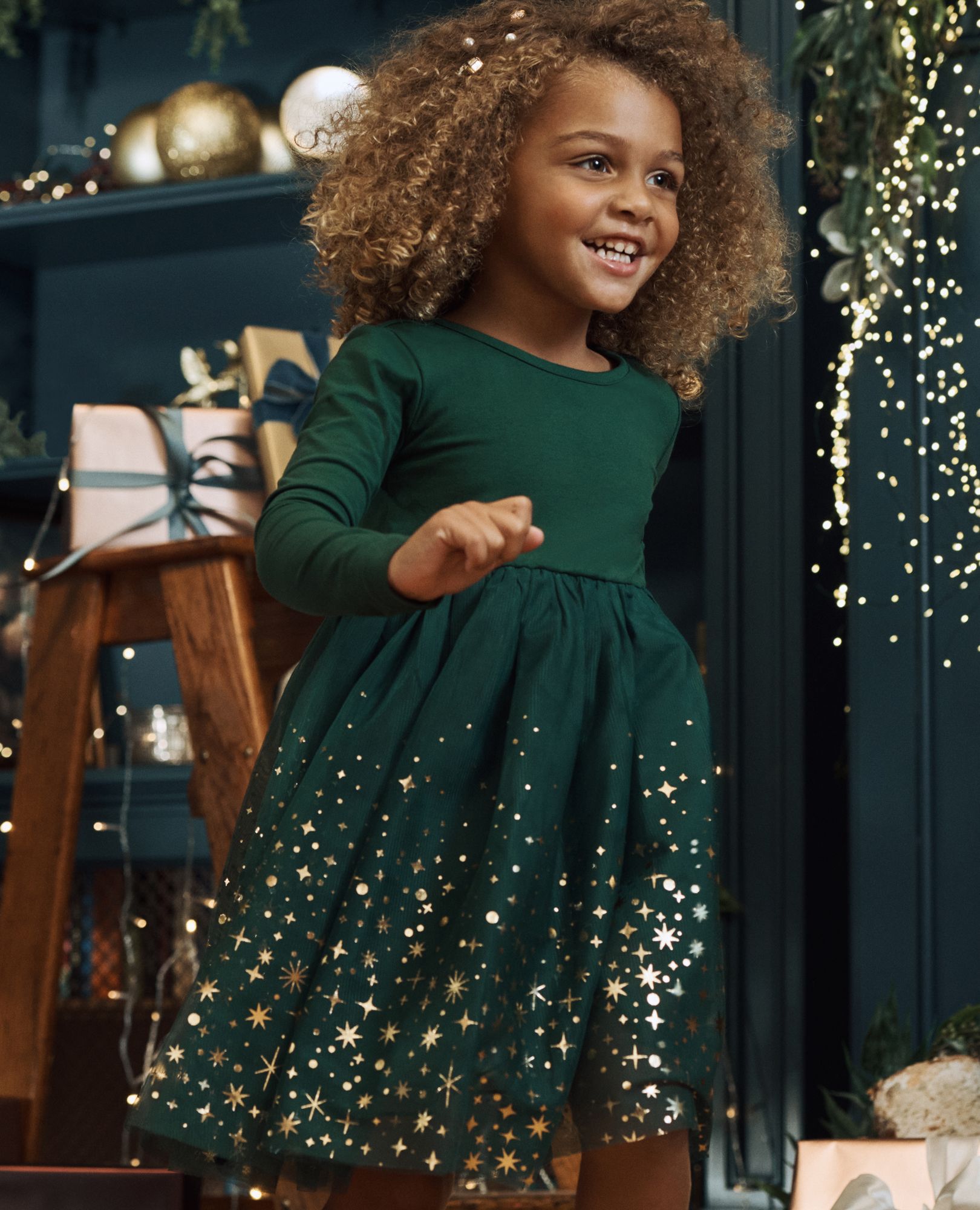 Long Sleeve Shimmer Tulle Dress in Ponderosa Green - main