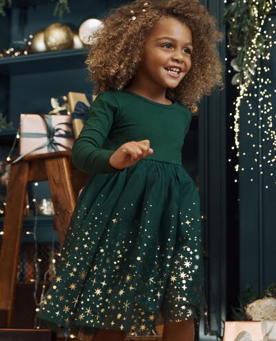 Long Sleeve Shimmer Tulle Dress in Ponderosa Green - main