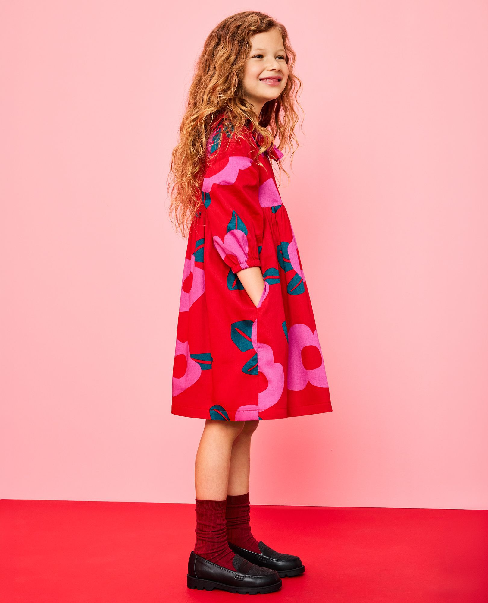 Long Sleeve Twill Collared Dress with Pockets in Purple Orchid Holiday Floral on Ribbon Red - main