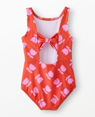 One-Piece Bow Back Swimsuit in Tossed Tulips on Red - main