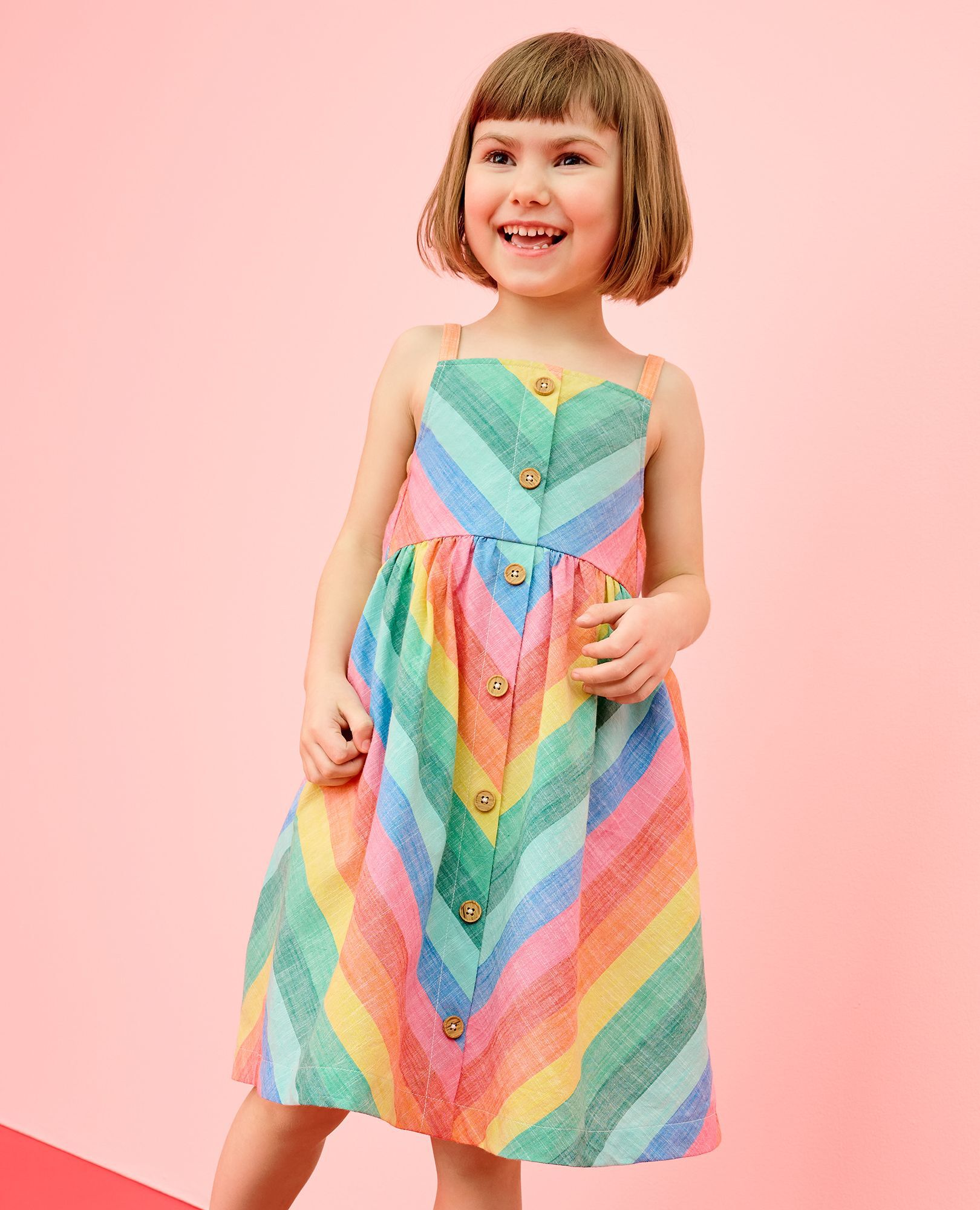 Sleeveless Poplin Midi Dress with Pockets in Bright Rainbow Stripe - main