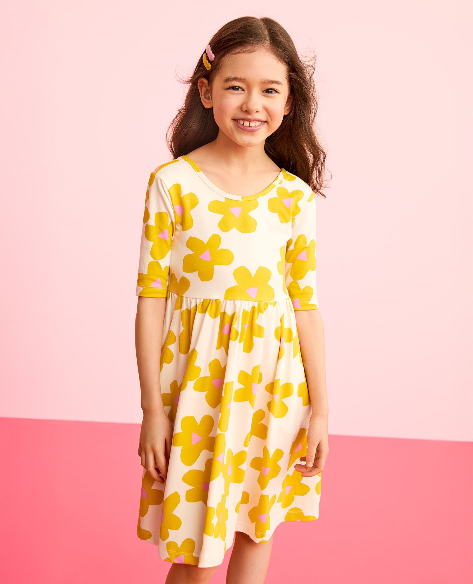 Skater Dress with Pockets in Yellow Flowers on Ecru - main