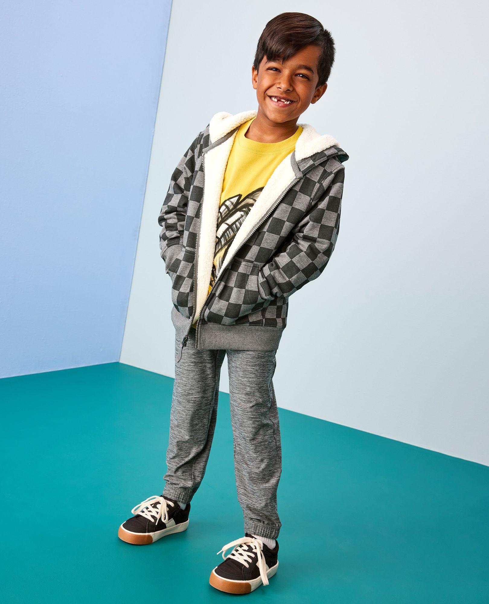 French Terry Faux Shearling Lined Hoodie in Black/Dark Grey Heather Checkerboard - main