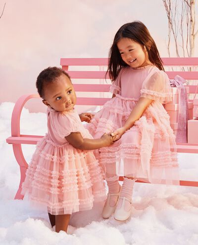 Baby Bubble Sleeve Tulle Ruffle Dress in Pink - main