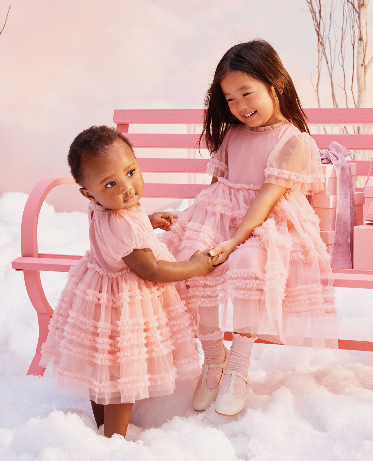 Baby Bubble Sleeve Tulle Ruffle Dress in Pink - main
