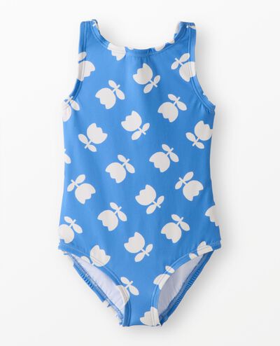 One-Piece Bow Back Swimsuit in Tossed Tulips on Blue - main