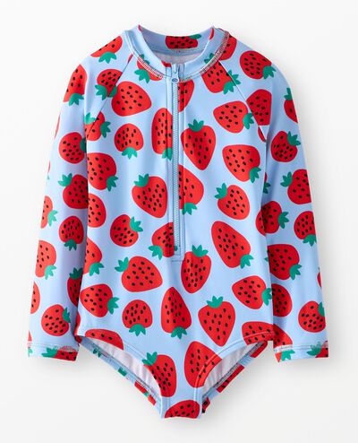 One-Piece Rashguard Swimsuit in Strawberry Sweetness on Blue - main