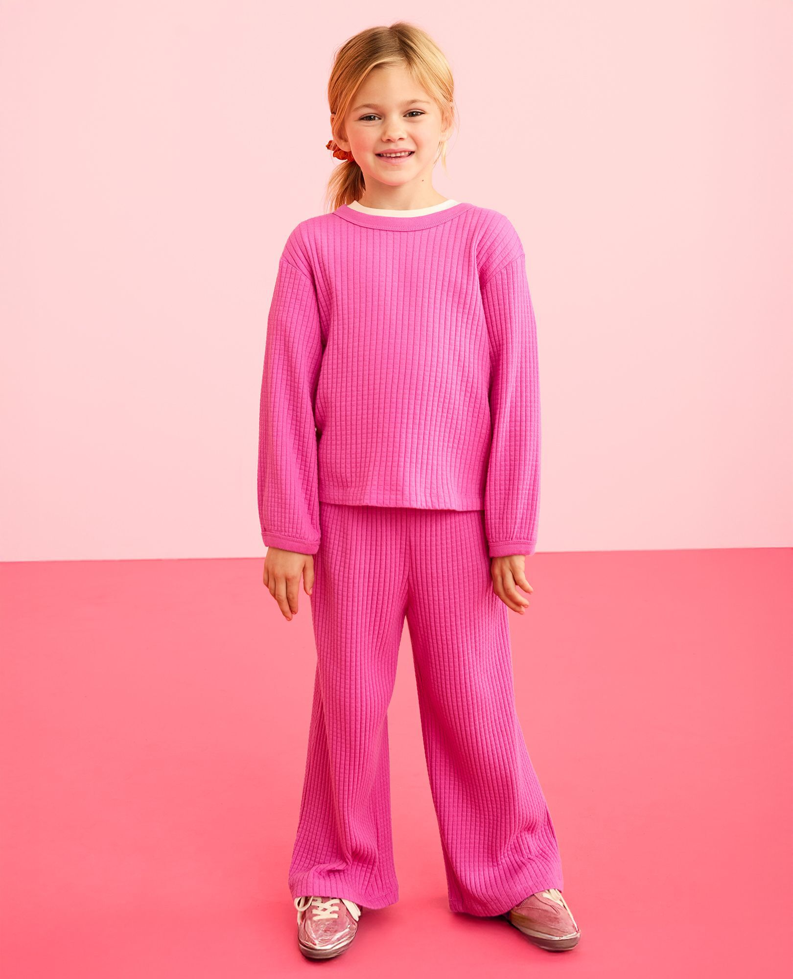 Ribbed Long Sleeve Top & Flare Pants Set in Phlox Pink - main