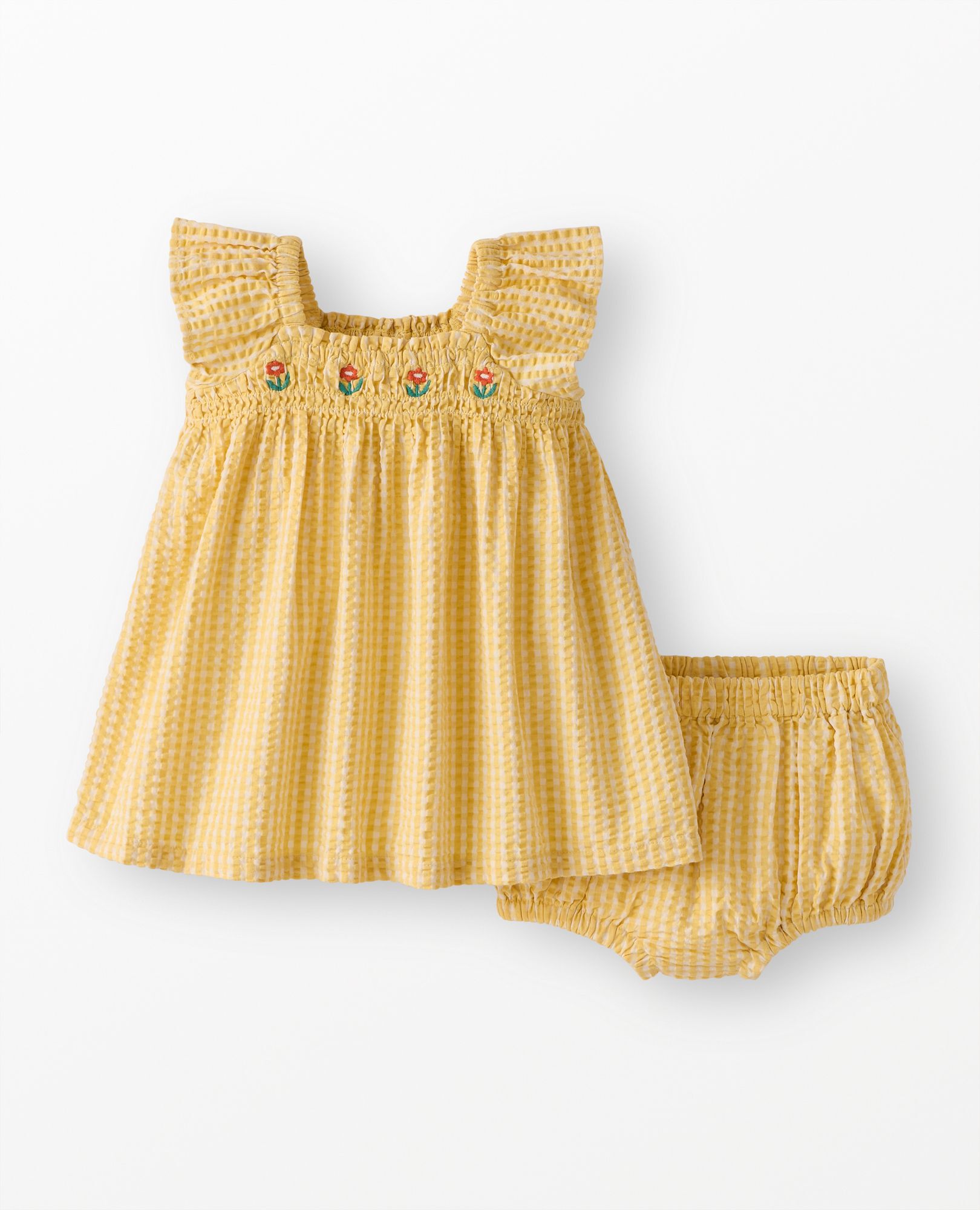 Baby Flutter Sleeve Seersucker Dress & Bloomers Set in Yellow Gingham - main