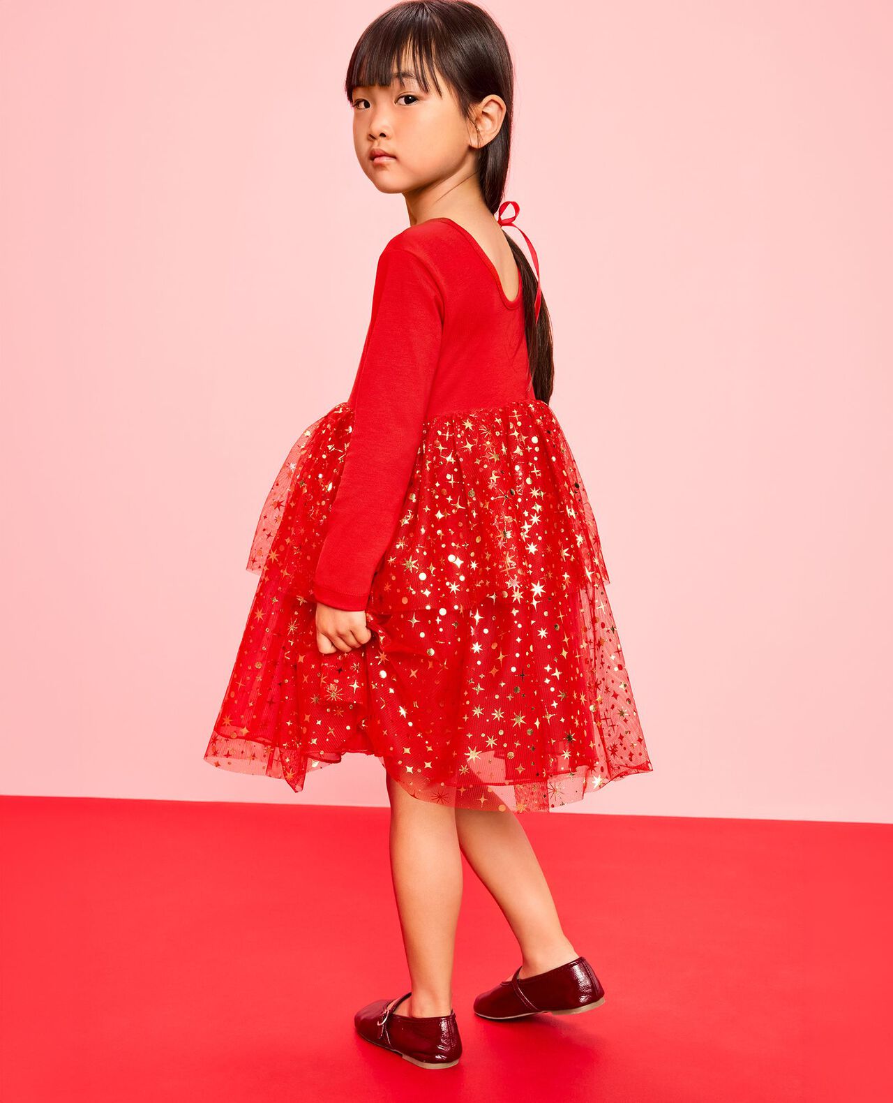 Long Sleeve Tulle Shimmer Dress in Ribbon Red - main