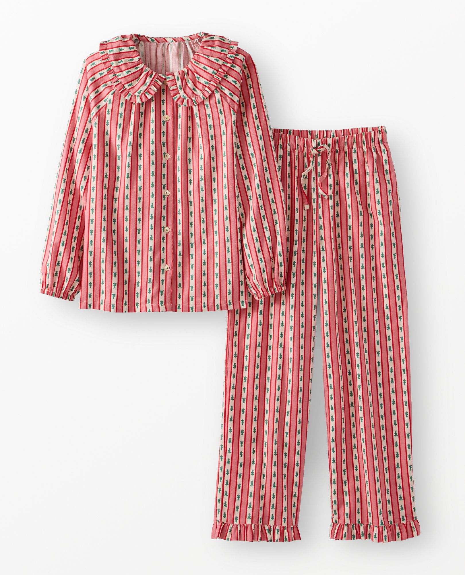 Women's Holiday HannaSoft™ Flannel Ruffle Pajama Set in Tree Ribbons on Pink - main