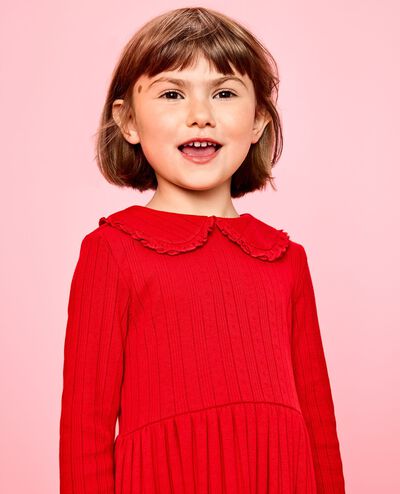 Long Sleeve Collared Pointelle Dress with Pockets in Ribbon Red - main